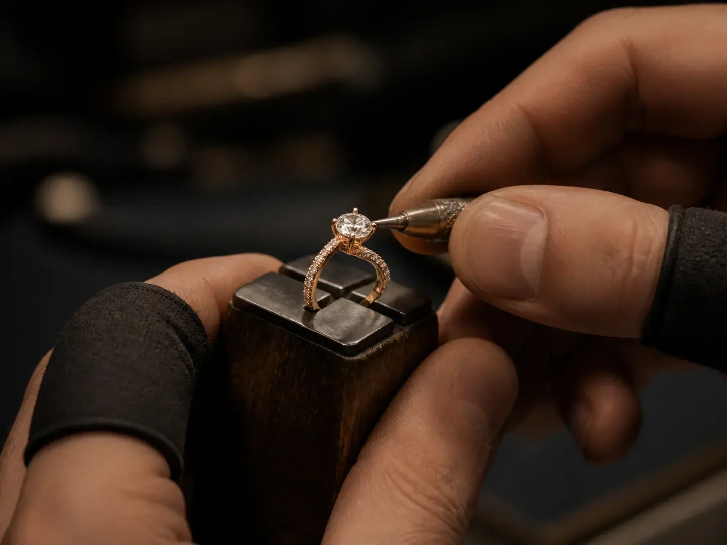Jeweler setting a diamond by hand